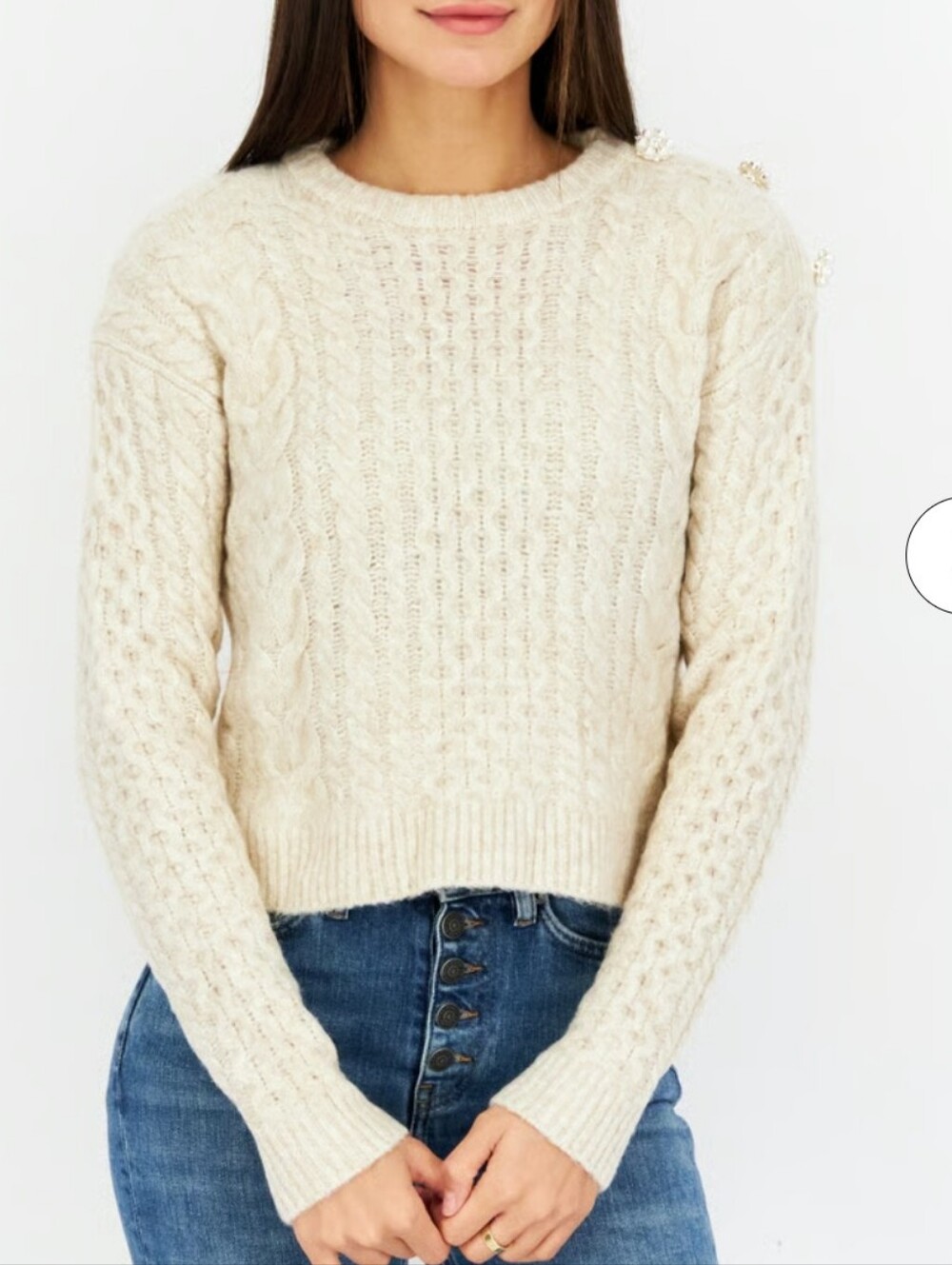 Miss Selfridge Cream Cable Knit Crew Sweater with Embellished Shoulder Buttons S